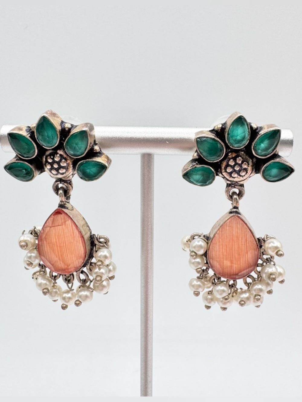Bollywood India Wedding Earrings Faux Gemstones Green Peach Silver Tone Cha Cha
